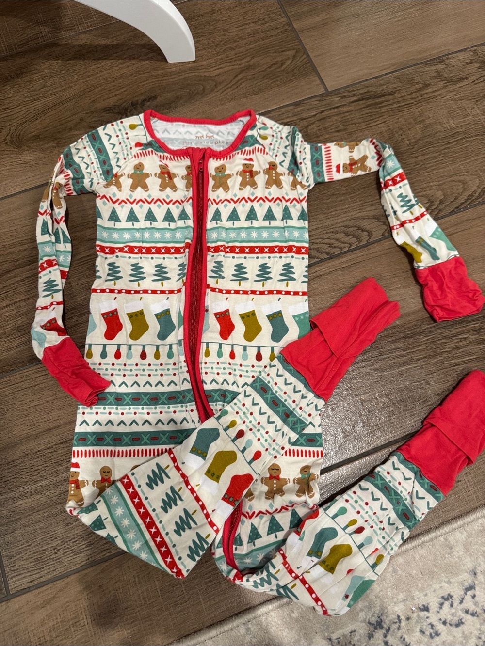Little Sleepies Holiday Footed Pajamas in Red Trim with Multicolor Print
